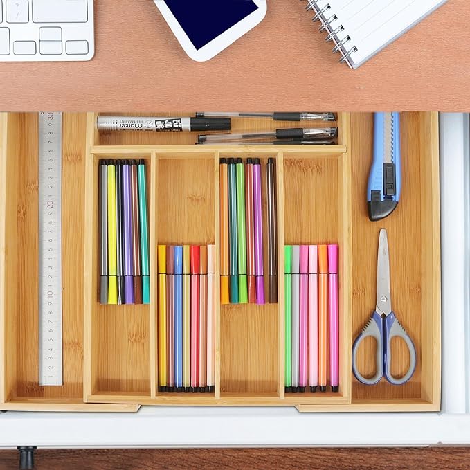 VaeFae Bamboo Drawer Organizer, Expandable Silverware Drawer Organizer, Cutlery Tray with Dividers for Kitchen Utensils, Medium