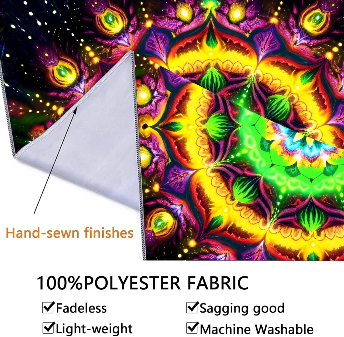 Blacklight Mandala Tapestry for Bedroom, Psychedelic Flower Black Light Posters for Adults and Teens, UV Reactive Aesthetic Bohemian Art Wall Hanging Decor Golden and Green (60 x 50 Inches)