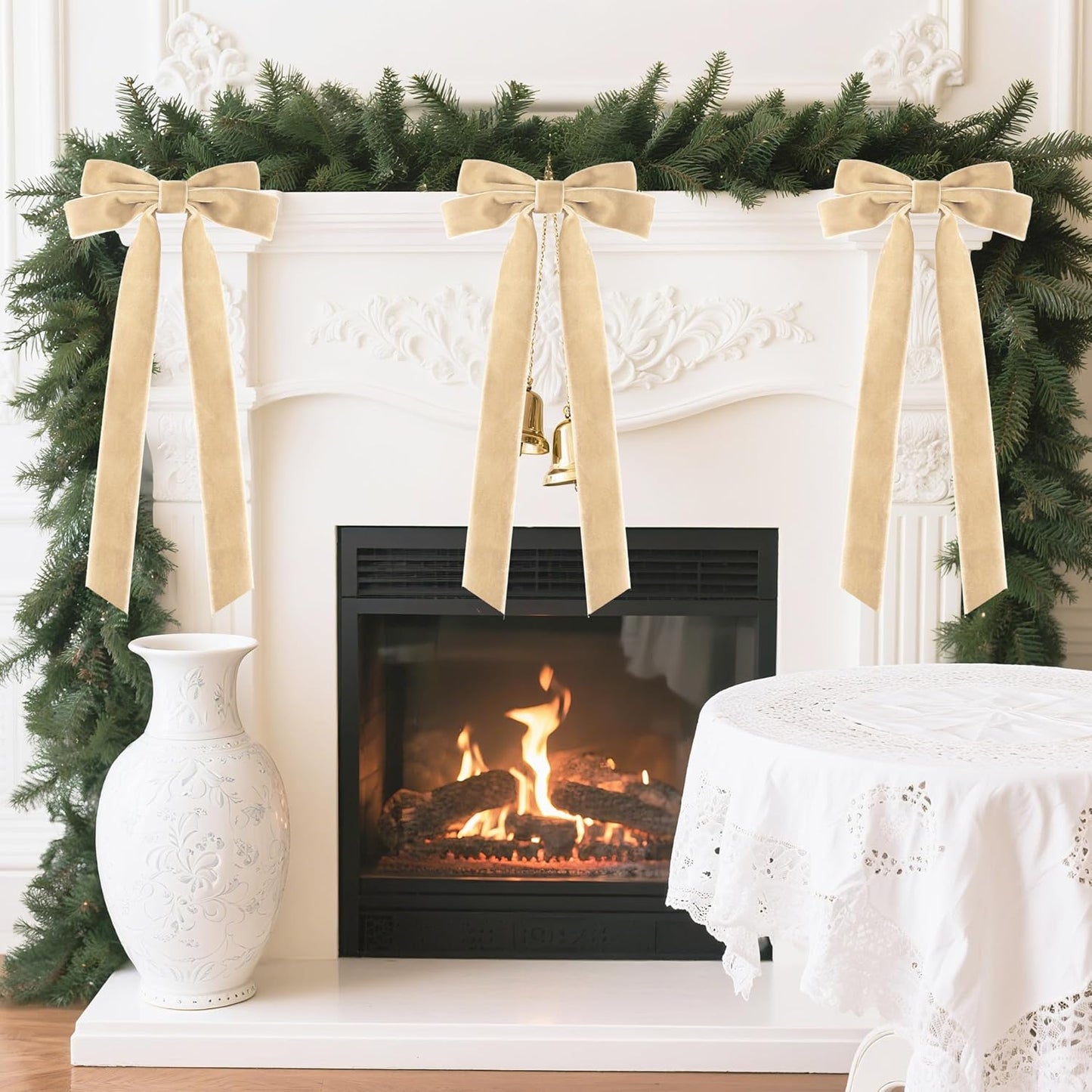 Senjie Velvet Large Christmas Bows for Staircase Garland Wreath, 20in x 8in Vintage Ribbon Bows with Twist Tie for Xmas Tree Holiday Indoor Outdoor Decorations (6Pcs, Khaki)