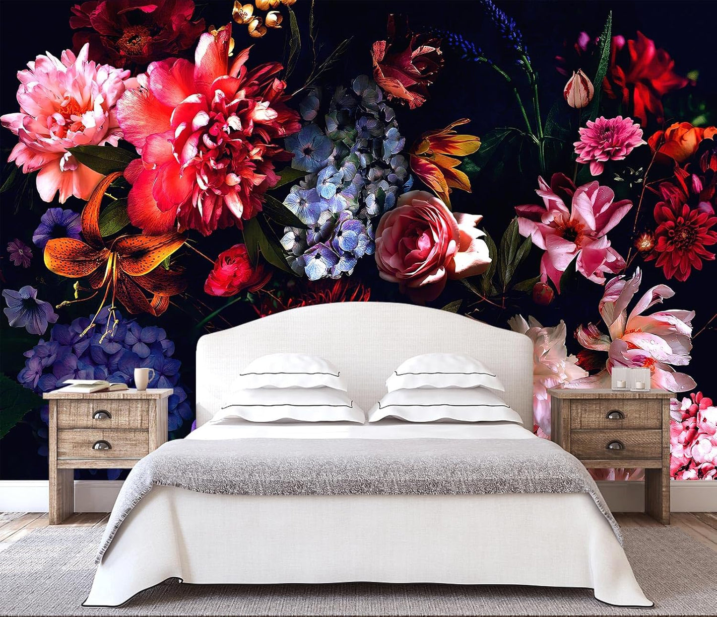 WFBHUA-Dark Floral Wallpaper Watercolor Pink and Blue Flower Wall Mural for Bedroom (Not Peel and Stick)