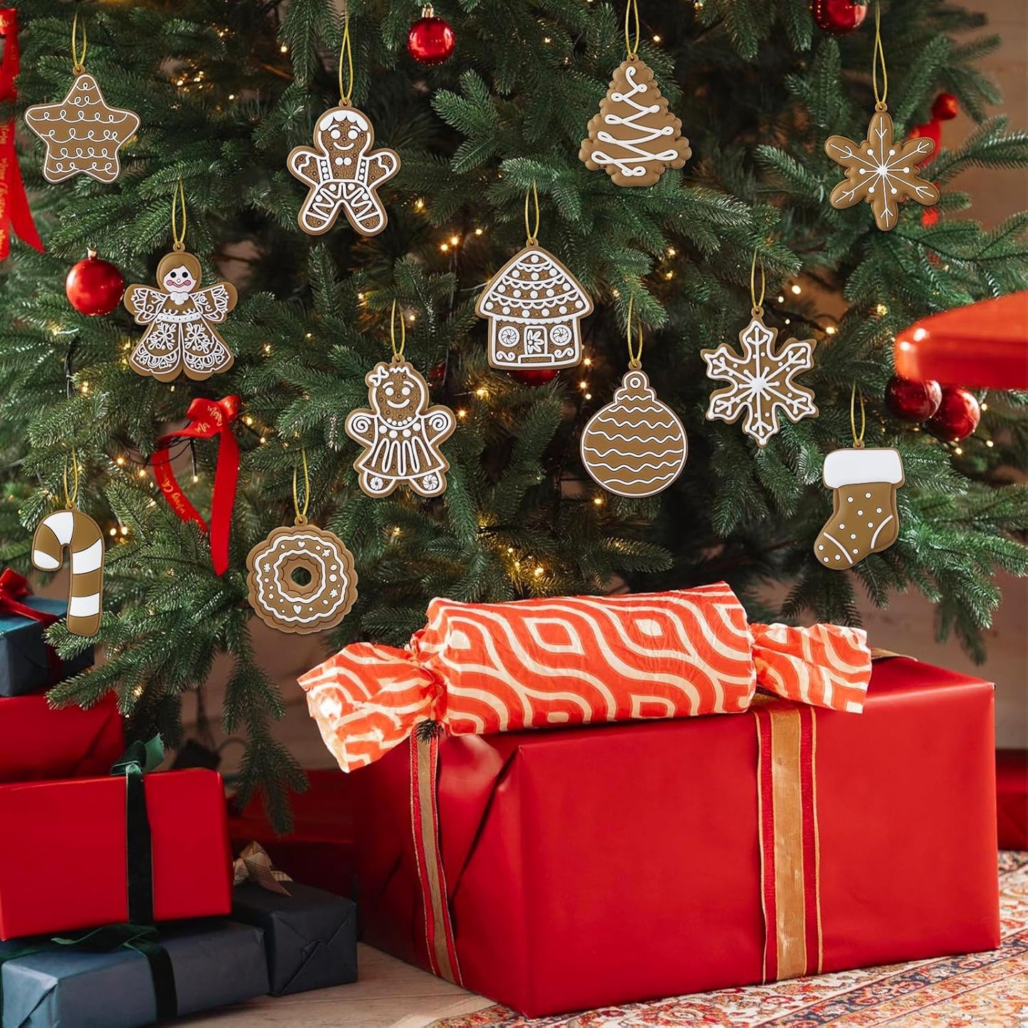 12pcs Christmas Gingerbread Man Ornaments, Assorted Gingerbread Figurines Decorations with Gingerbreads House Snowflake Ornaments for Xmas Tree Winter Crafts Holiday Home Party Decor Indoor