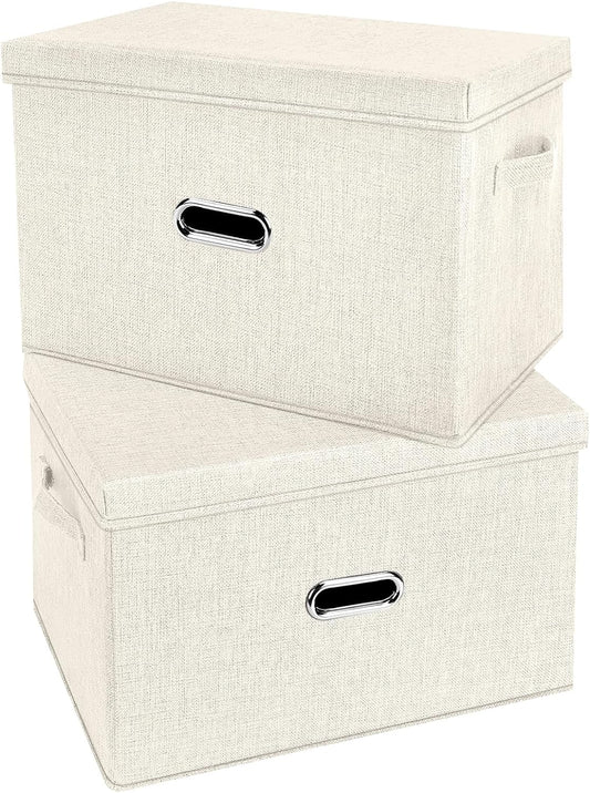 Large Linen Fabric Foldable Storage Bins with Removable Lid and Handles, Washable Storage Box Organizer Containers Baskets Cube with Cover for Bedroom,Office(Cream, Small(2-Pack))