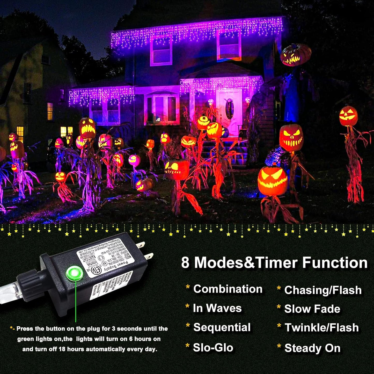 400 LED Purple Halloween Lights Outdoor, 33ft Icicle Lights for Outside with 75 Drops, Waterproof Christmas Icicle Light Plug in for Indoor Outside Party Holiday Christmas Halloween Decorations