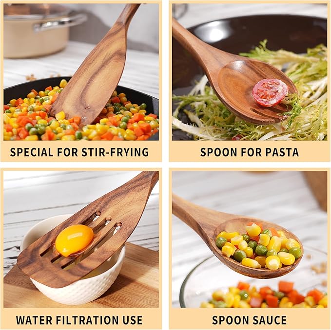 Wooden Cooking Utensils Set, 9 PCS Teak Wood Spoons, Spatula, Slotted Spoon, Handmade Modern Kitchen Utensils