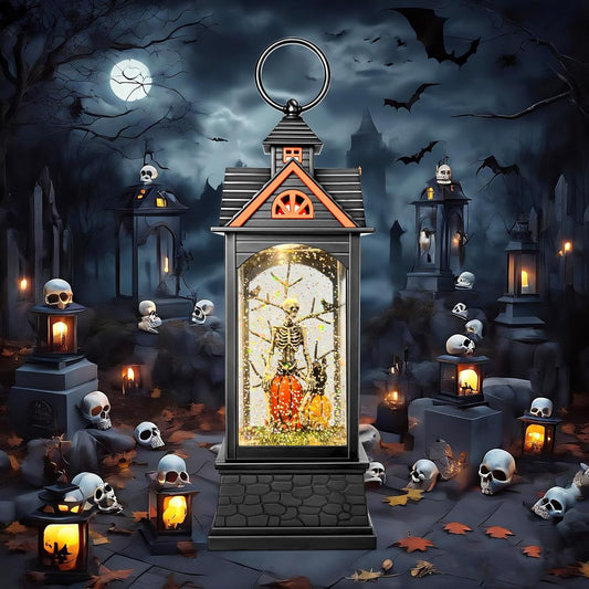 Halloween Snow Globe Lantern, Spooky Ghost Halloween Decor, Plug-in & Battery Operated Snow Globes for Halloween Decorations Indoor