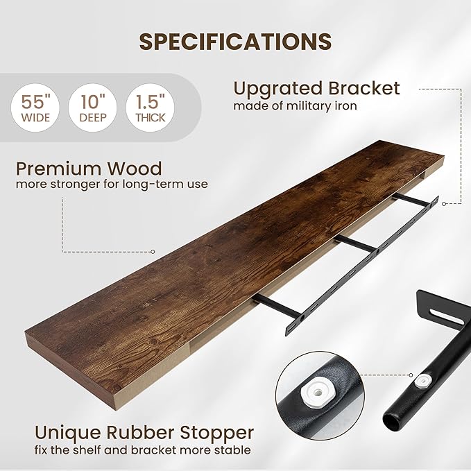 Fun Memories 55 Inch Fireplace Mentel Shelf, 10 Inch Deep Shelves for Display&Wall Storage, Rustic Wood Wall Shelf -Extra Long Floating Shelves for Living Room Laundry Room, Rustic Brown, Set of 1