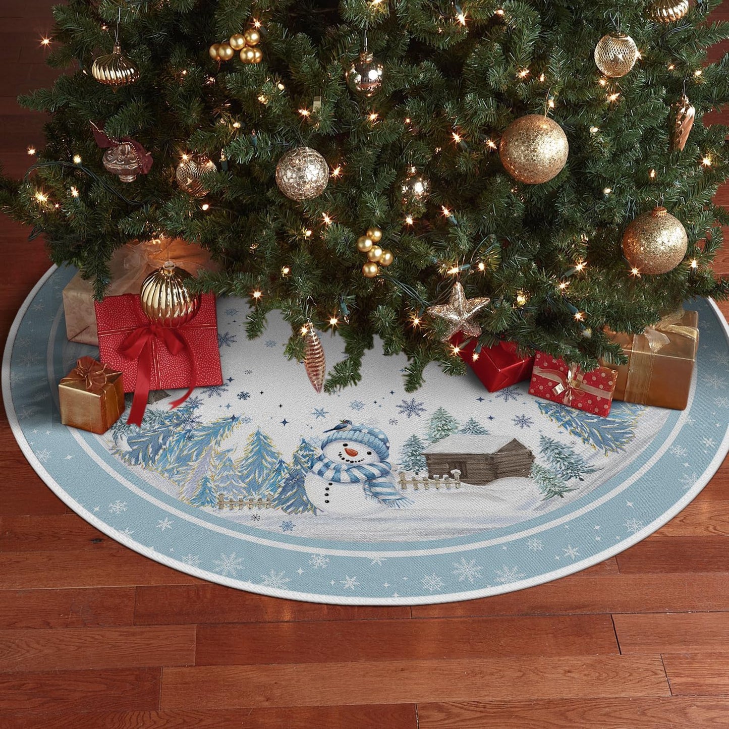 AVOIN colorlife Snowflake Snowman Cardinal Christmas Tree Skirt 36 Inch, Winter Holiday Tree Mat Decoration