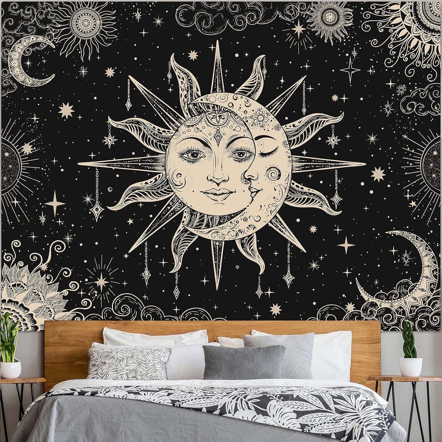 Lunerfex Sun and Moon Tapestry Mandala Wall Tapestry, Vintage Tapestries for Bedroom Ceiling Tapestries Wall Hanging for Bedroom Living Room Decor Sun-2 70"x90"