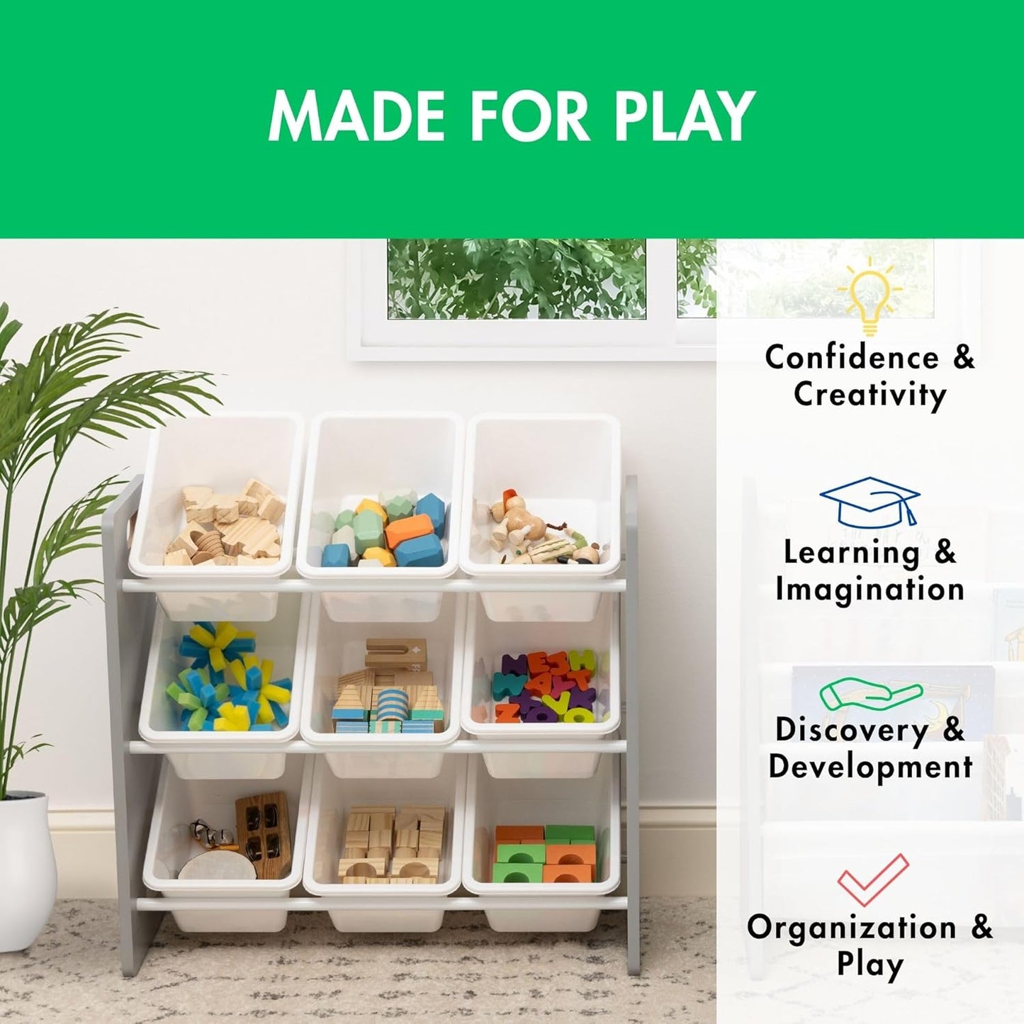 Humble Crew 9-Bin Toy Organizer – Inspire Grey with White Plastic Bins, 3-Tier Storage Solution for Kids' Playrooms and Nurseries