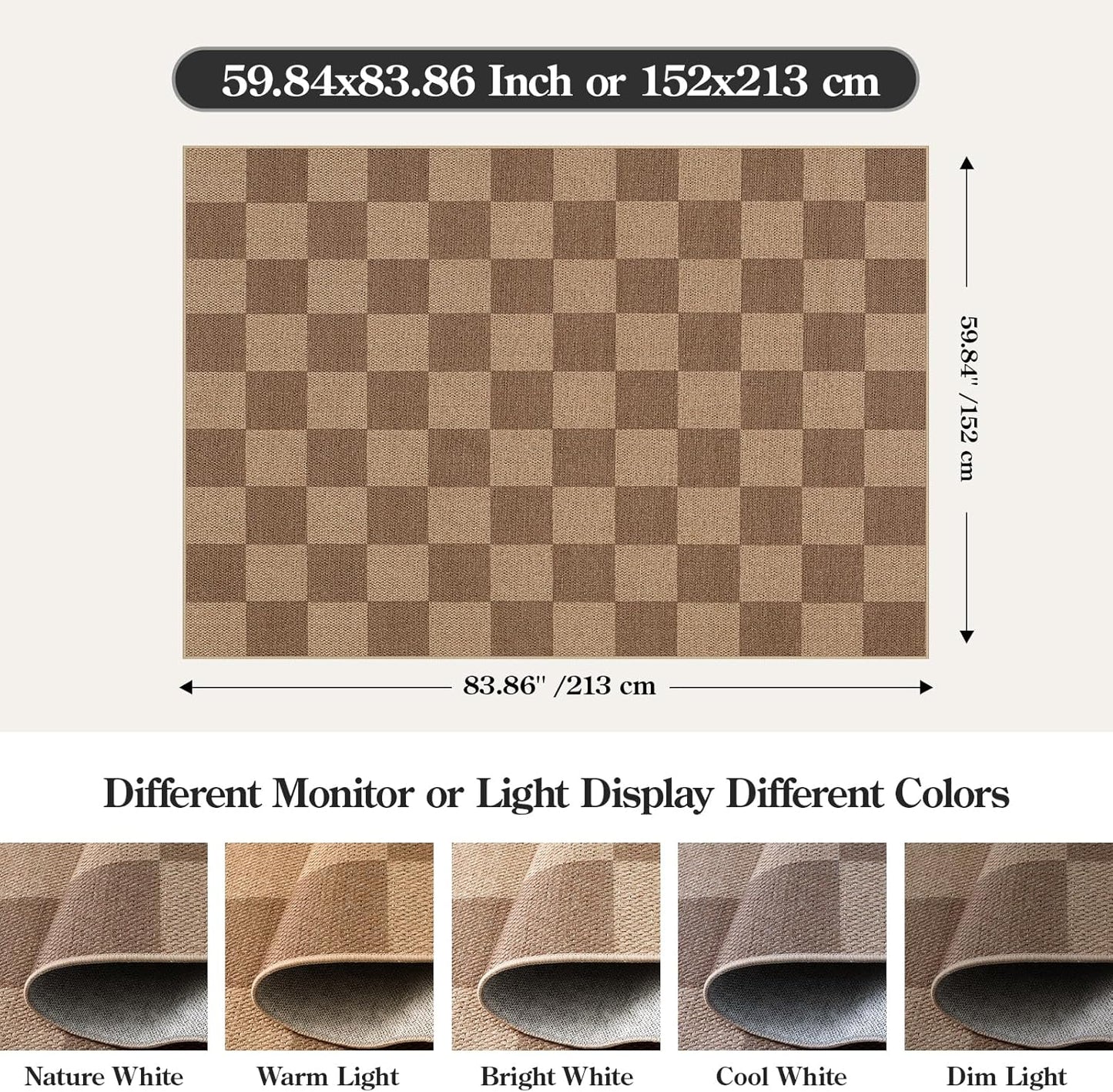 Lahome Checkered Easy Jute Living Room Rugs, 5x7 Large Dining Room Office Carpet Farmhouse Washable Area Rug, Checkerboard Neutral Non Slip Indoor Outdoor Carpet for Bedroom Entry Patio