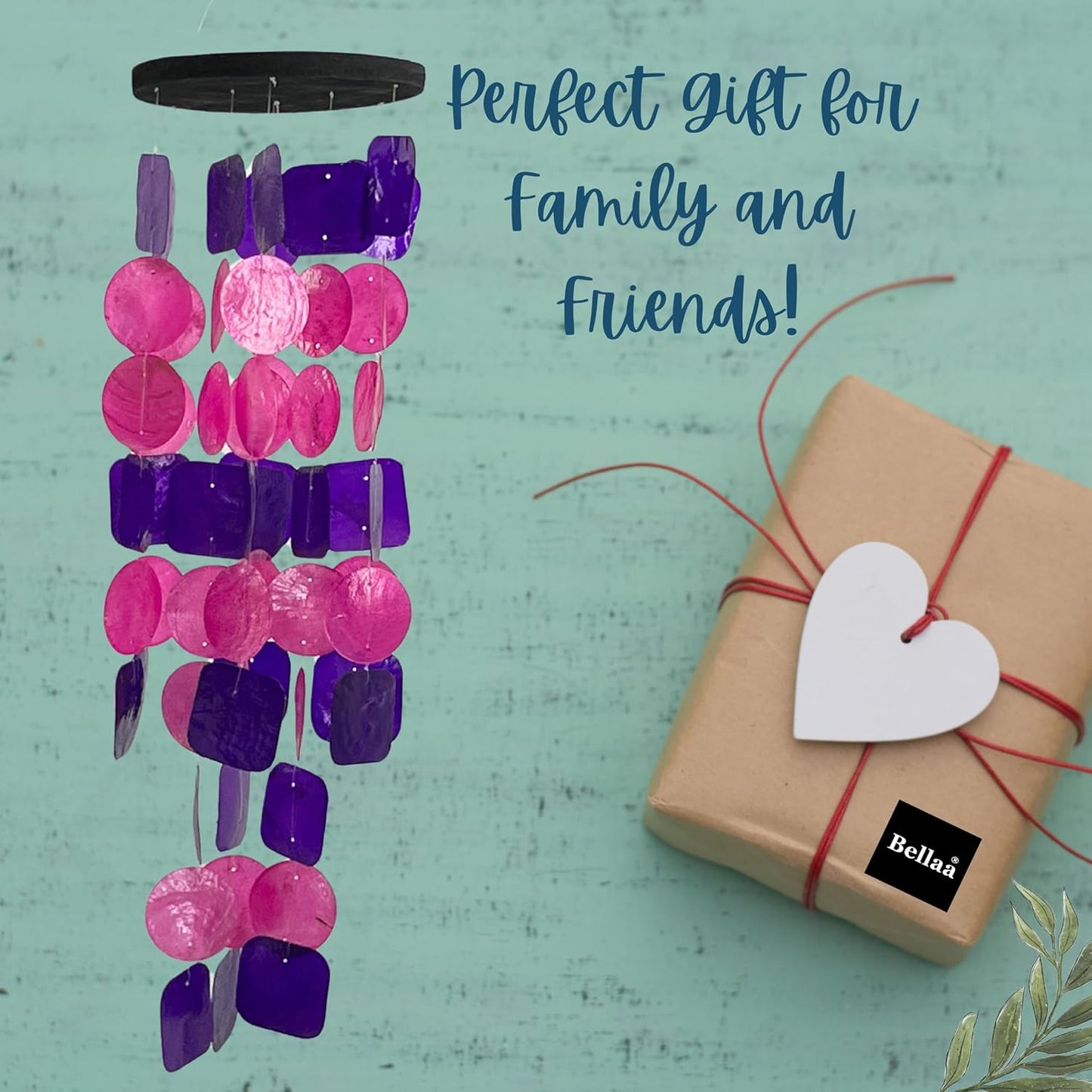 Bellaa 24841 Wind Chimes Outdoor, Garden Decorations, Musical, Indoor/Outside Windchimes, Beach, Ocean Breeze, Gifts for Mom, Gift for All Occasions, Capiz Sea Glass Shells Wood Pink Purple