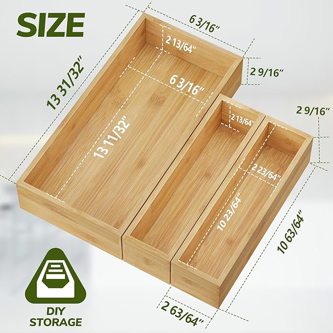 BAMEOS 3-Piece Bamboo Drawer Organizer, Utensil Organizer for Drawer, Junk Drawer Organizer for Kitchen Bathroom, Dressing Room, Office, Pantry (Natural)