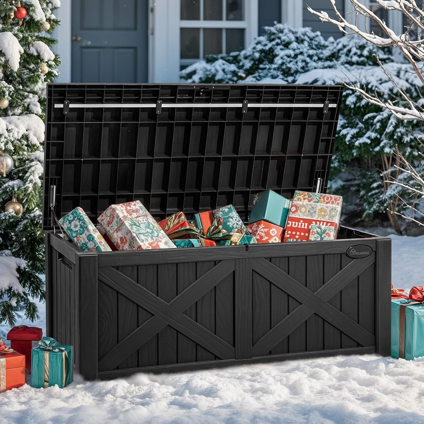 YITAHOME 120 Gallon Large Outdoor Storage Box with X-Shaped Front, Waterproof Resin Deck Box Cushion Storage Bench for Patio, Pool Supplies, Garden Tools - Lockable, Black