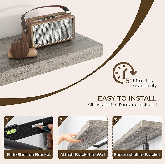 RICHFOCUS 24Inch Floating Shelves for Wall 2 Pack Shelves for Bedroom|Kitchen|Bathroom Wall Mounted Rustic Wood Floating Shelf with Invisible Brackets for Books|Storage|Decor, Grey