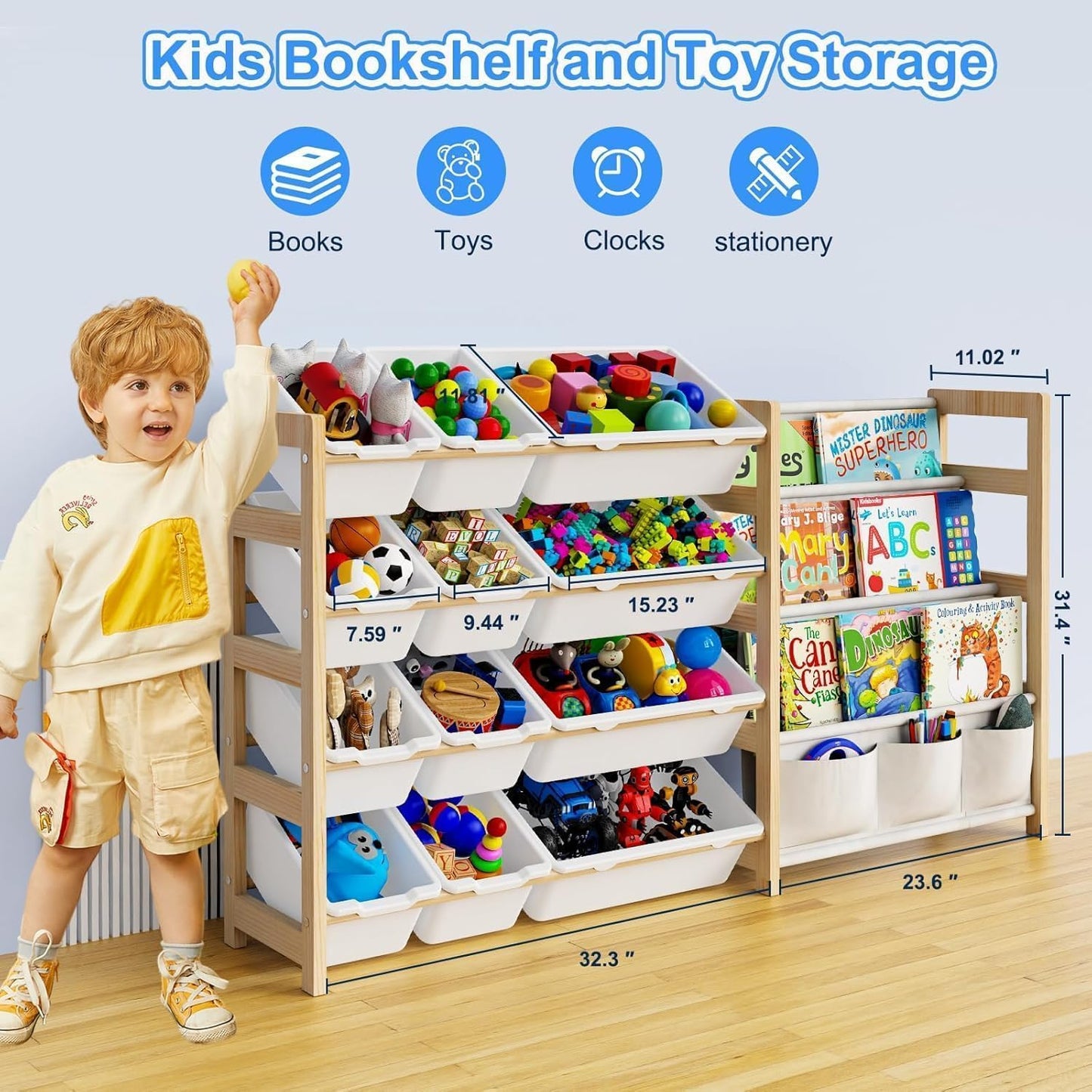 Large Toy Storage Organizer with Bookshelf, Toy Organizers and Storage with 12 Storage Bins, 4 Tier Multipurpose Toys Organizer Storage for Kids Room, Playroom, Nursery Room, White