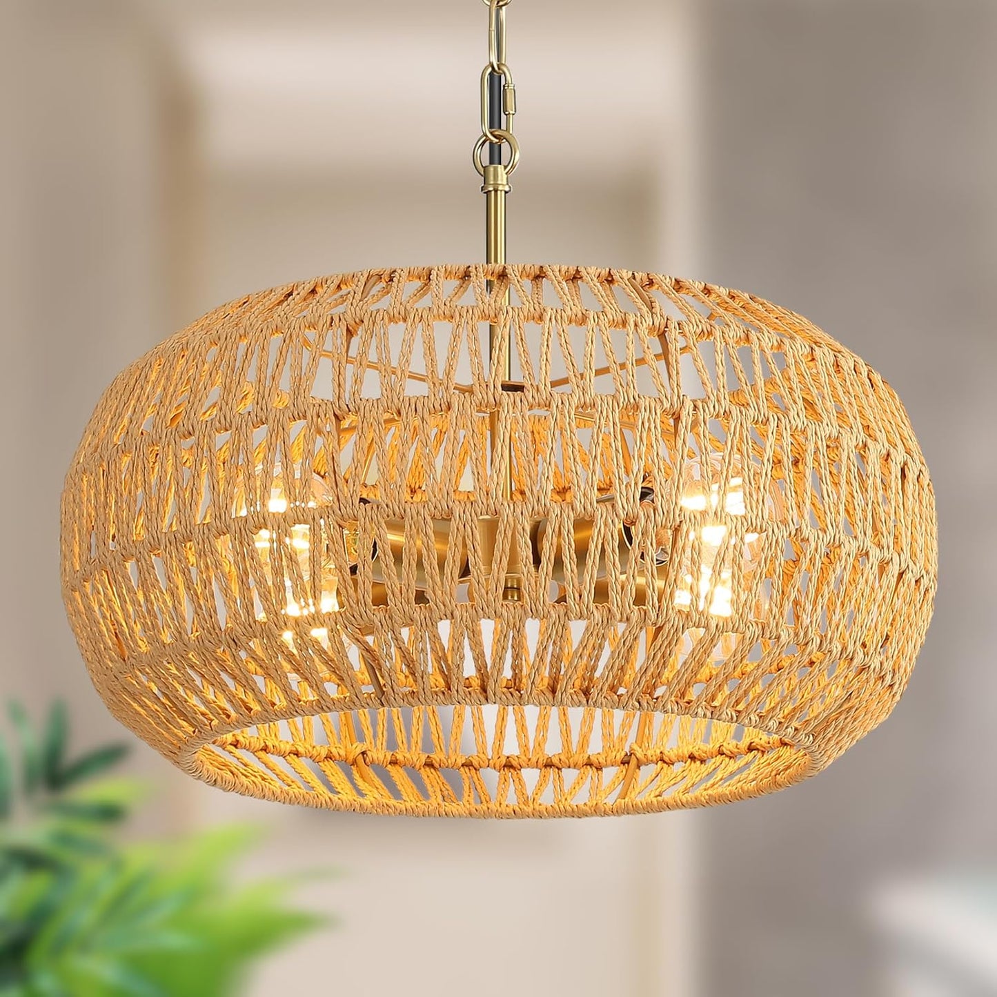 Rattan Pendant Light Kitchen Island,Farmhouse Chandelier for Dining Room Light Fixture Over Table,Ceiling Hanging Light Fixture with Wicker Lamp Shade for Bedroom Hallway Living Room