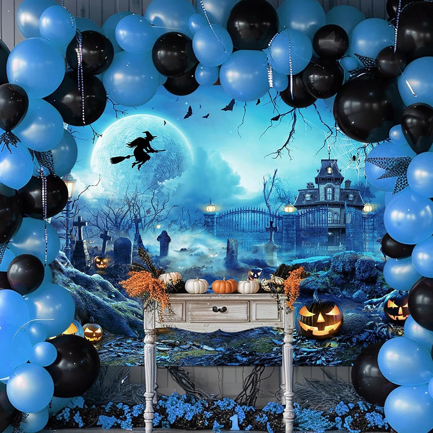 Avezano Halloween Photography Backdrop Full Moon Scary Night Castle Pumpkins Party Background Spooky Witch Bats Cemetery Child Kids Halloween Party Decorations Photoshoot Backdrops (7x5ft, Blue)