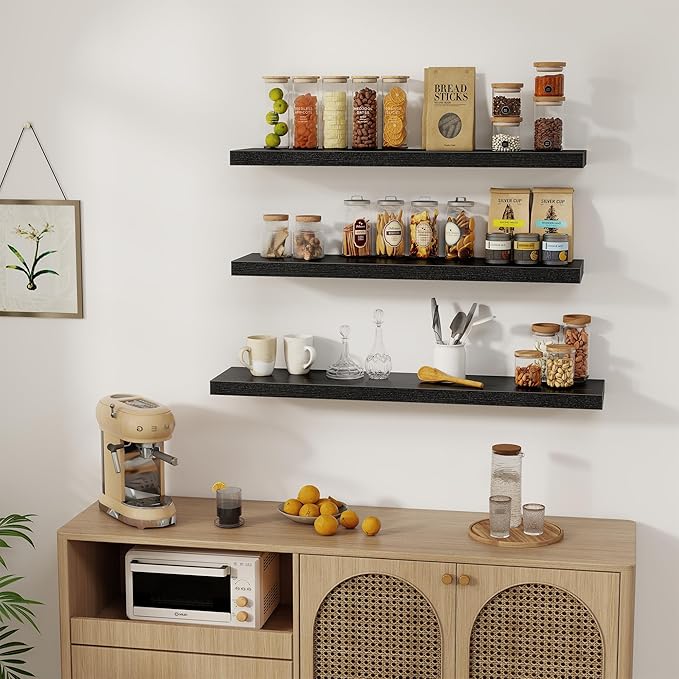 Fun Memories Black Floating Shelves 36 Inch Long, Rustic Farmhouse Bathroom Shelves Over Toliet, 36 x 8 Inch Floating Shelves for Wall, Deep Wall Shelf for Living Room, Kitchen, Bedroom, Set of 2