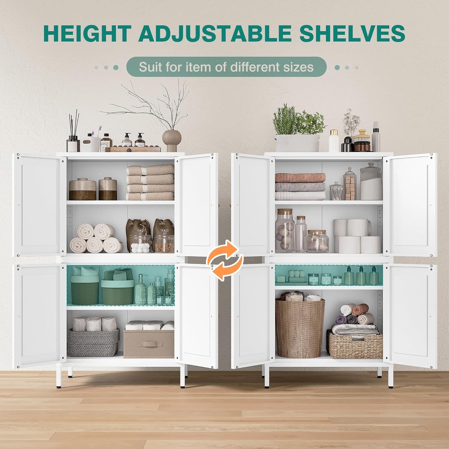 White Storage Cabinet with 4 Doors and 2 Adjustable Shelves,Narrow Food Pantry Cabinet with Leg,24 inch Wide Bathroom Cabinets,Small Metal Storage Cabinets for Home Kitchen,Dining/Living/Laundry/Room