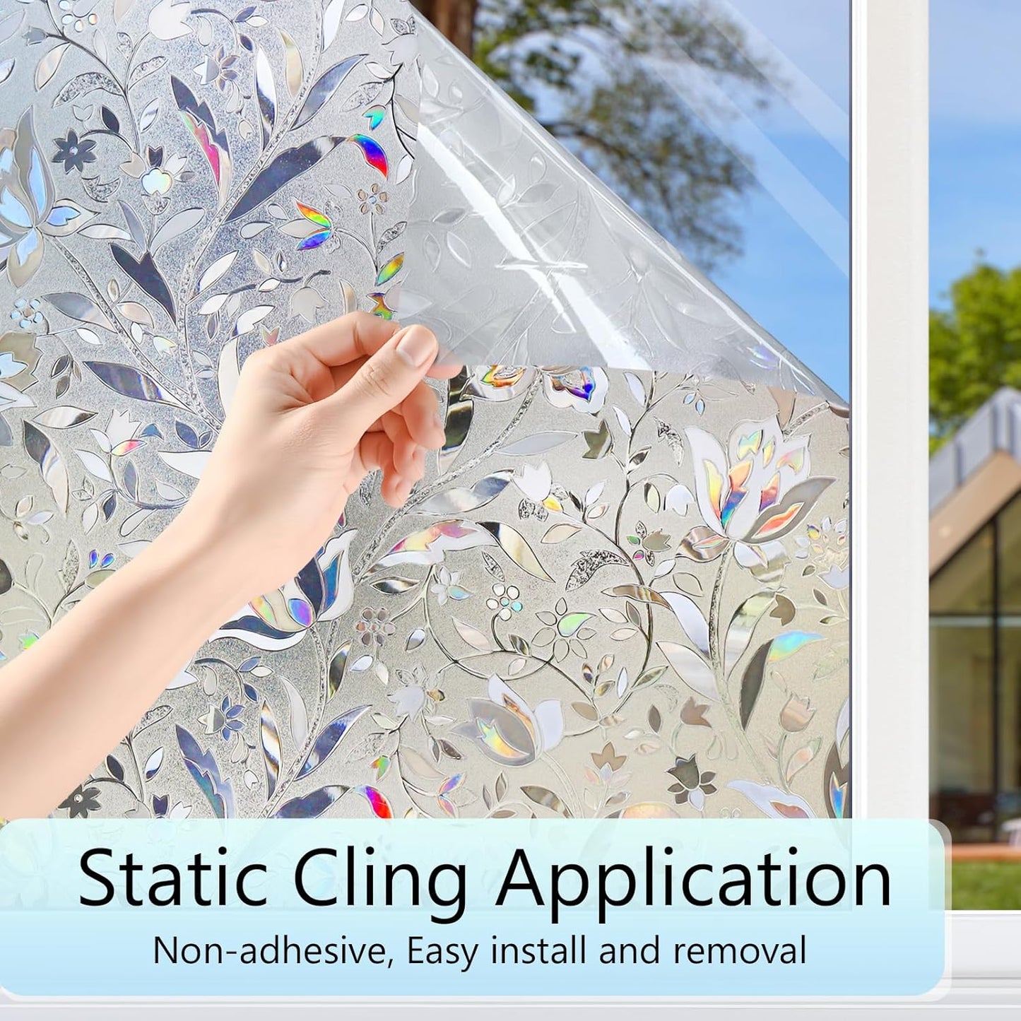 HIDBEA Window Privacy Film, 3D Stained Glass Static Cling - Sun Blocking Anti-UV Heat Control, Reusable Decorative Film for Home/Office Doors, Rainbow Tulip Design (23.6 in x 78.7 in)