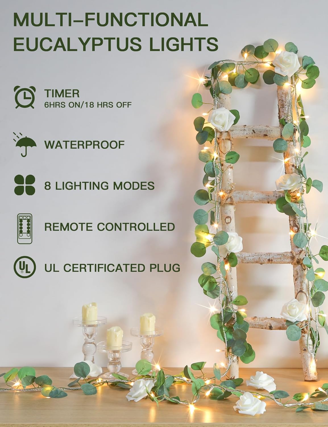 suddus Vines with Lights Plug in, 33ft 100 LED Eucalyptus Garland String Light Connectable with Remote, Leaf Lights for Bedroom, Room, Wall, Garden, Party, Wedding Decor (Warm White)