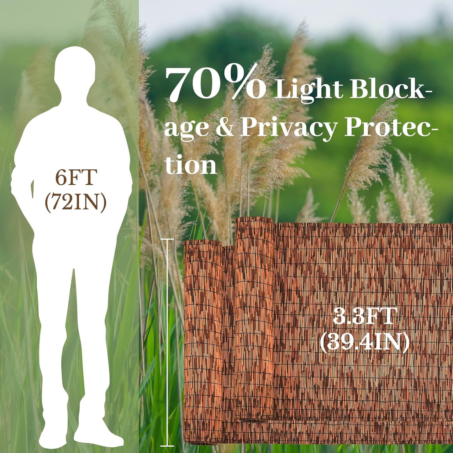 Brown 2 Pack 3.3FT X 16.4FT Reed Fencing Roll, Balcony Privacy Shade Reed Bamboo Fencing Garden Fence Border, Wind Block Sunshade Fence Screen for Outdoor Yard Patio Flower Bed Edge