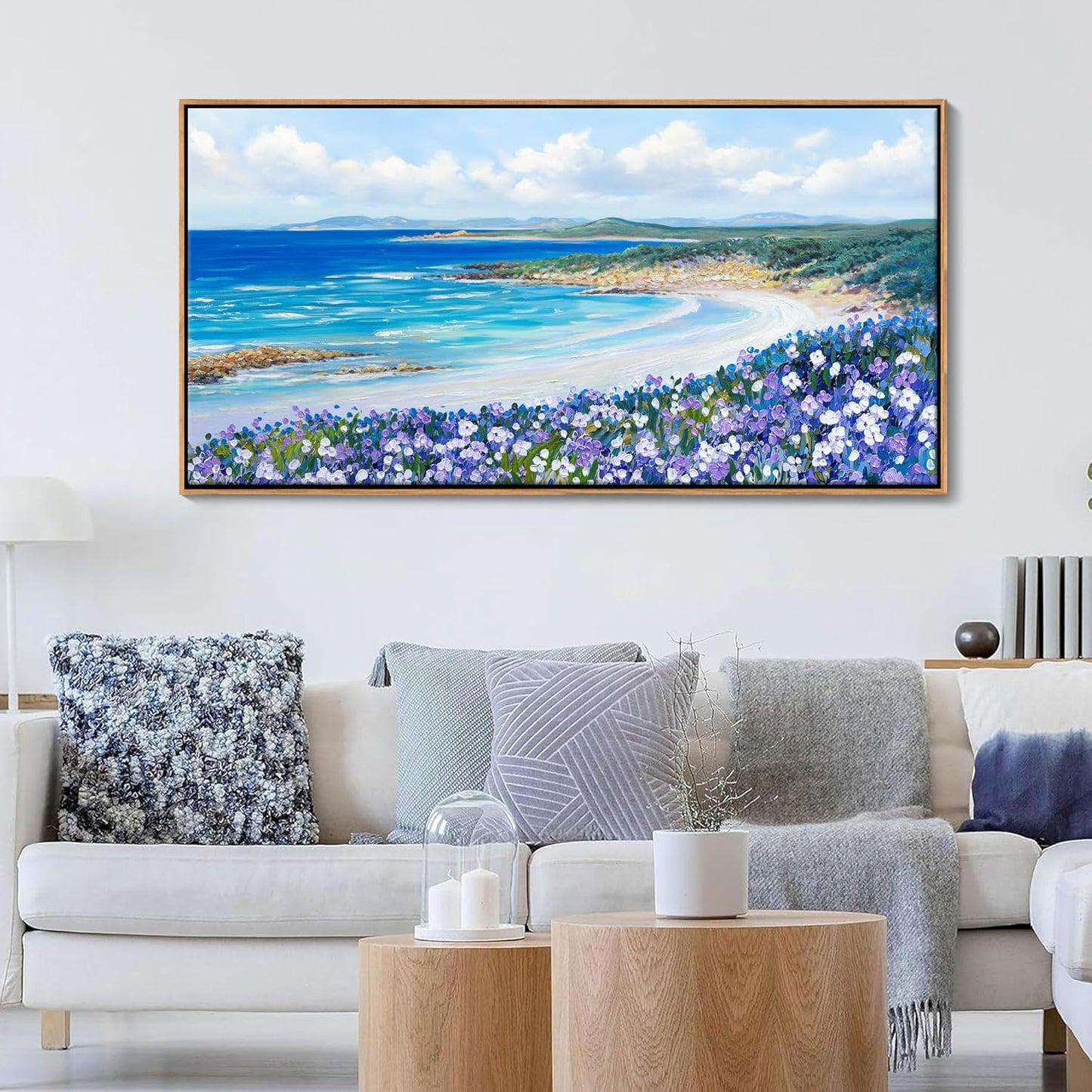 Mofutinpo Coastal Beach Wall Art Large Purple Flower Landscape Canvas Wall Art for Living Room & Bedroom Decor, Framed Blue Beach Pictures & Paintings for Walls,Ocean Artwork for Home & Office 20x40IN