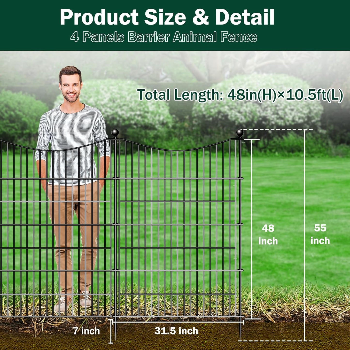 4 Panels No Dig Dog Fence Outdoor for Yard, 48 in(H) X 10.5 ft(L) Decorative Tall Garden Fence Animal Barrier, Rustproof Metal Wire Garden Edging and Borders, Temporary Fencing Stakes