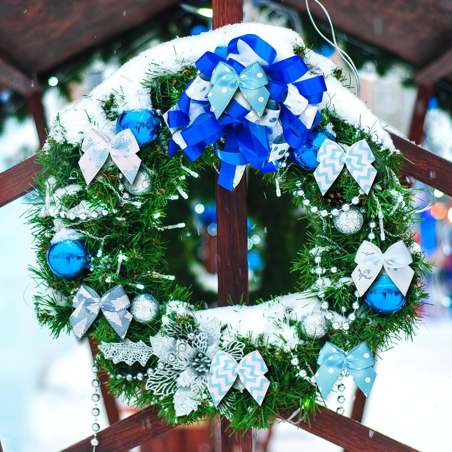 Syhood 150 Pcs Christmas Mini Bow Tiny Twist Tie Bow Handmade Craft Ribbon for DIY Sewing Party Decor(Blue and White,Snowy)