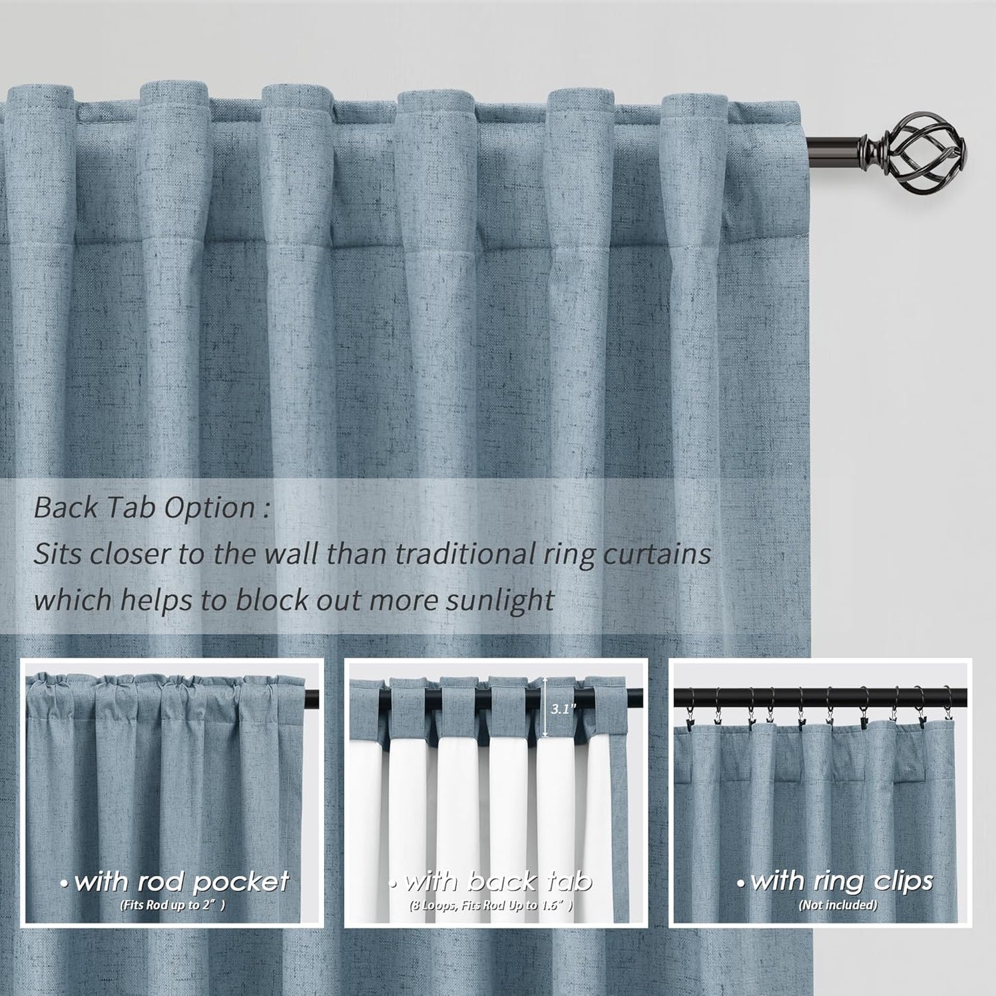 BOODII Blue Black Out Curtains 63 Inch Long for Bedroom Window Room Darkening Full Light Blocking Curtains Back Tab Neutral Elegant Nursery Baby Blackout Curtain Thermal Insulated Linen Drapes 52x63