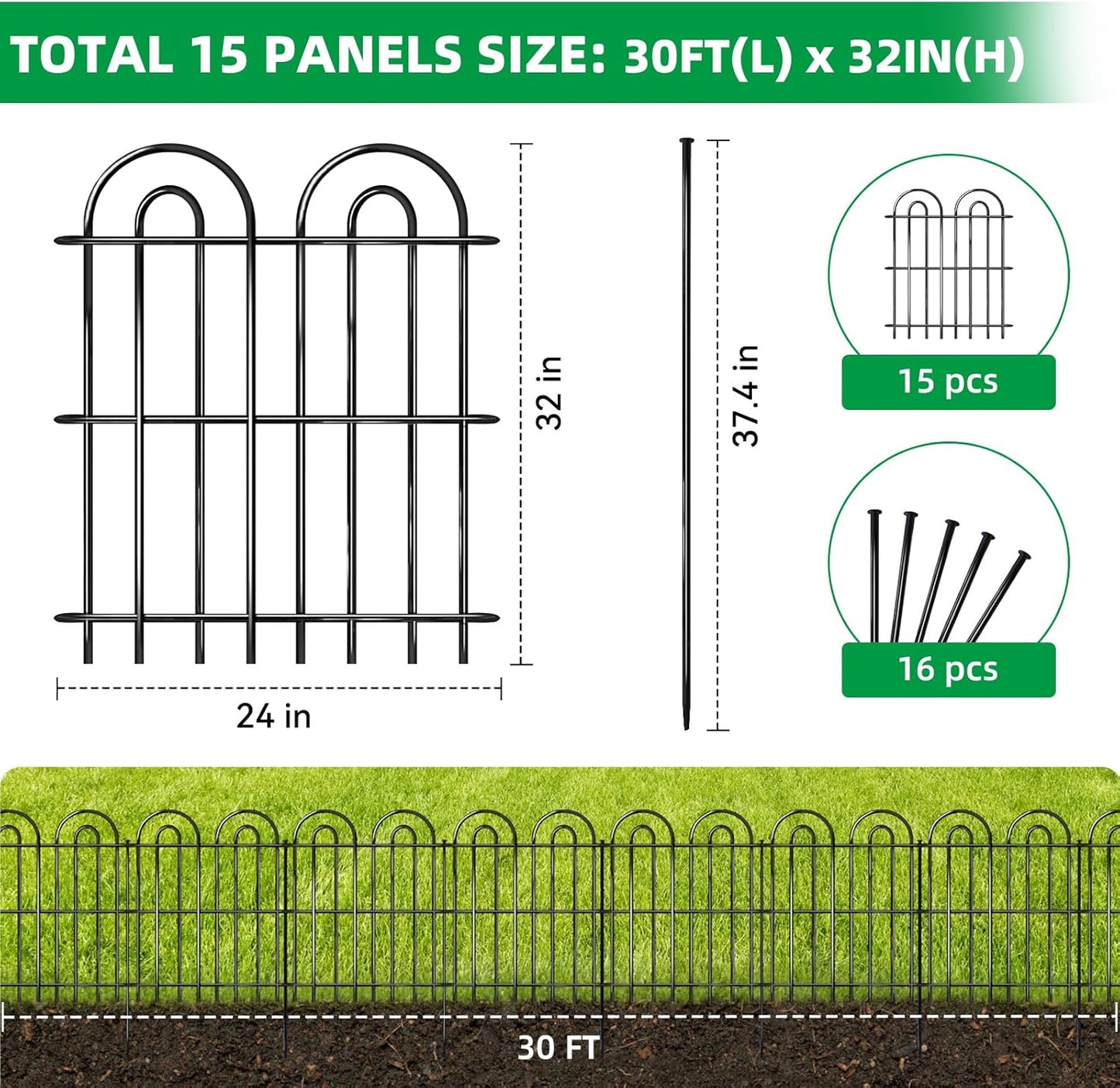 15 Panels Decorative Garden Fence, 32 in(H) X 30 ft(L) No Dig Dog Fence Outdoor for Yard, Rustproof Tall Metal Garden Fencing Animal Barrier with Ground Stakes, Temporary Fencing for Patio Outdoor