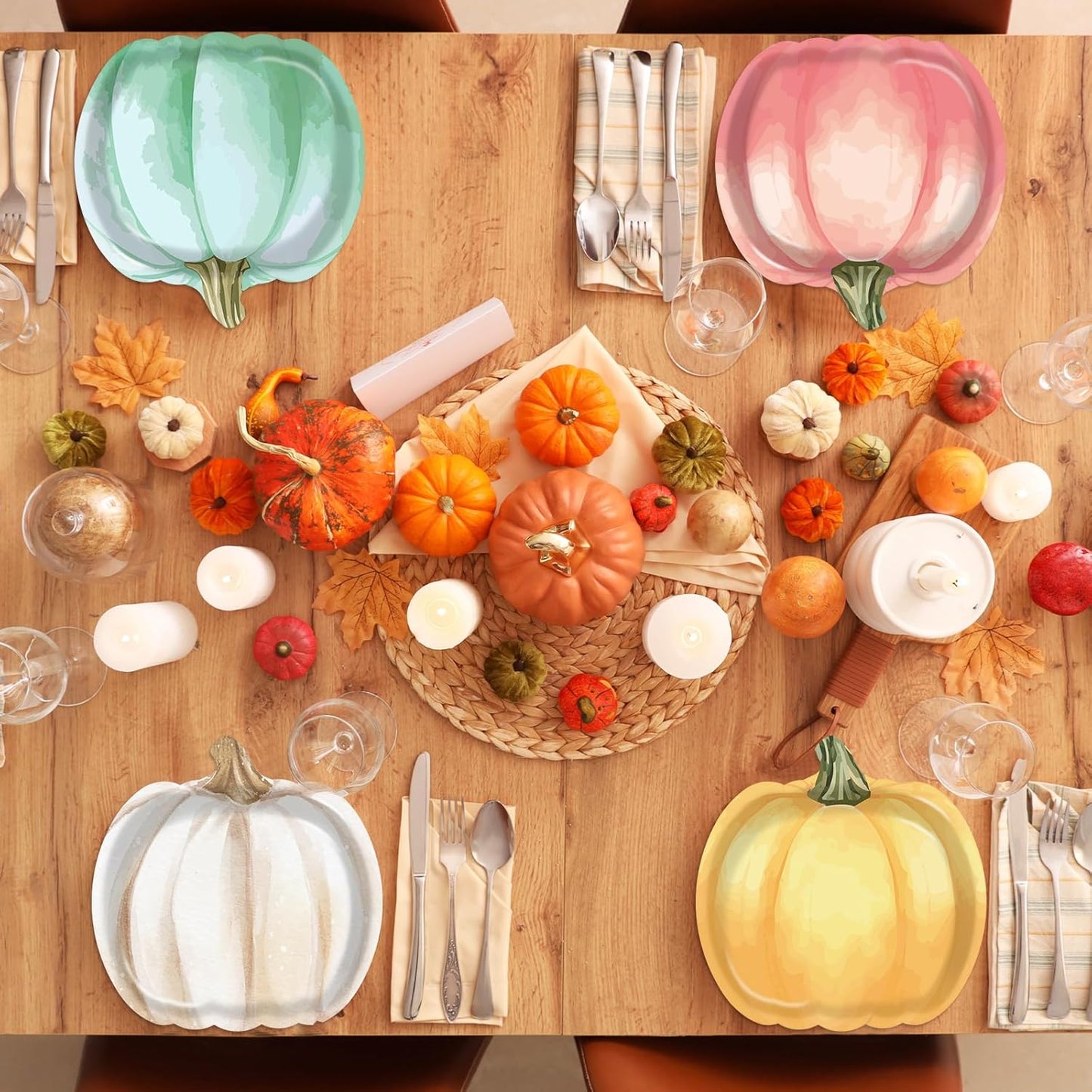 60Pcs Thanksgiving Pumpkin Paper Plates Autumn Fall Party Decoration Tableware Set Watercolor Disposable Dinnerware Pumpkin Shaped Dessert Dish for Harvest Halloween Birthday Baby Shower Supplies