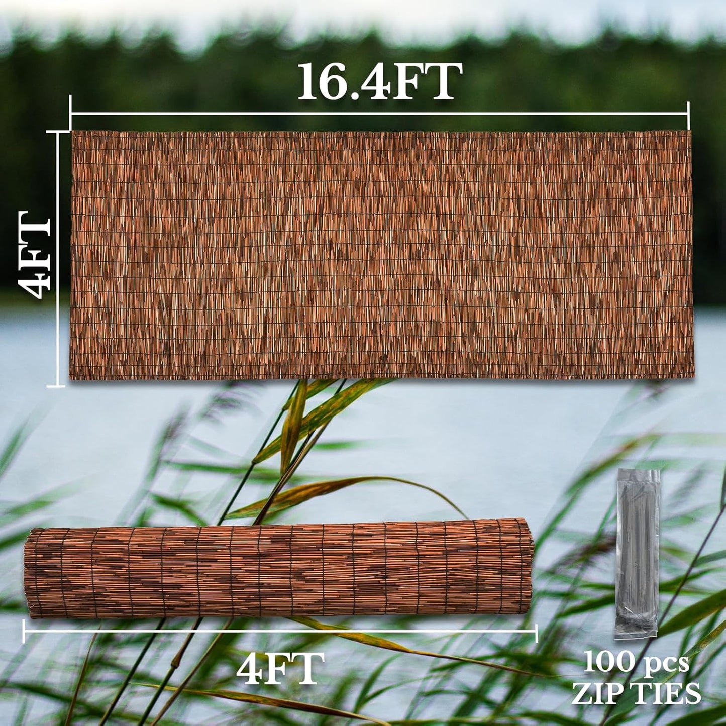 Brown 4FT X 16.4FT Reed Fencing Roll, Balcony Privacy Reed Shade Bamboo Fencing Garden Fence Border, Wind Block Sunshade Fence Screen for Outdoor Yard Patio Flower Bed Edge