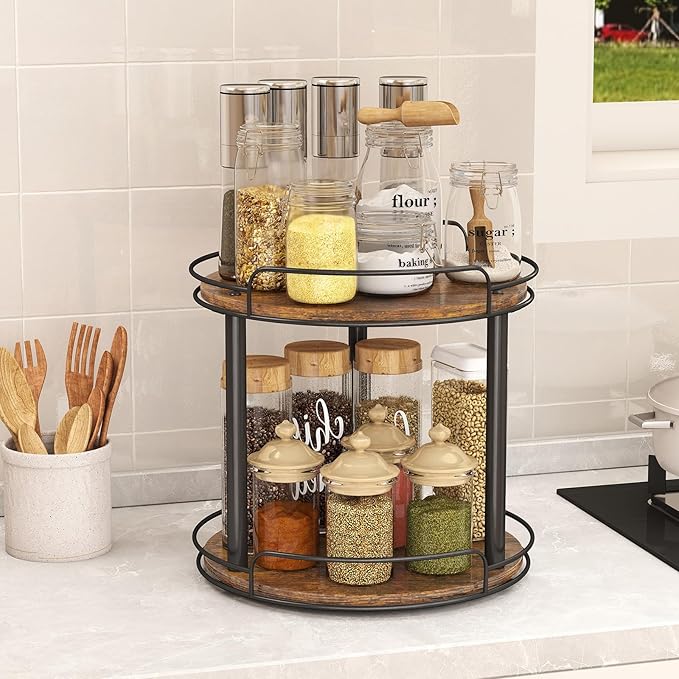 LAMU 10.2'' Wood Lazy Susan Turntable Organizer for Cabinet, 2 Tier Lazy Susan Spice Rack Organizer for Kitchen, Table Top, Countertop, Pantry, Medicine Organizer
