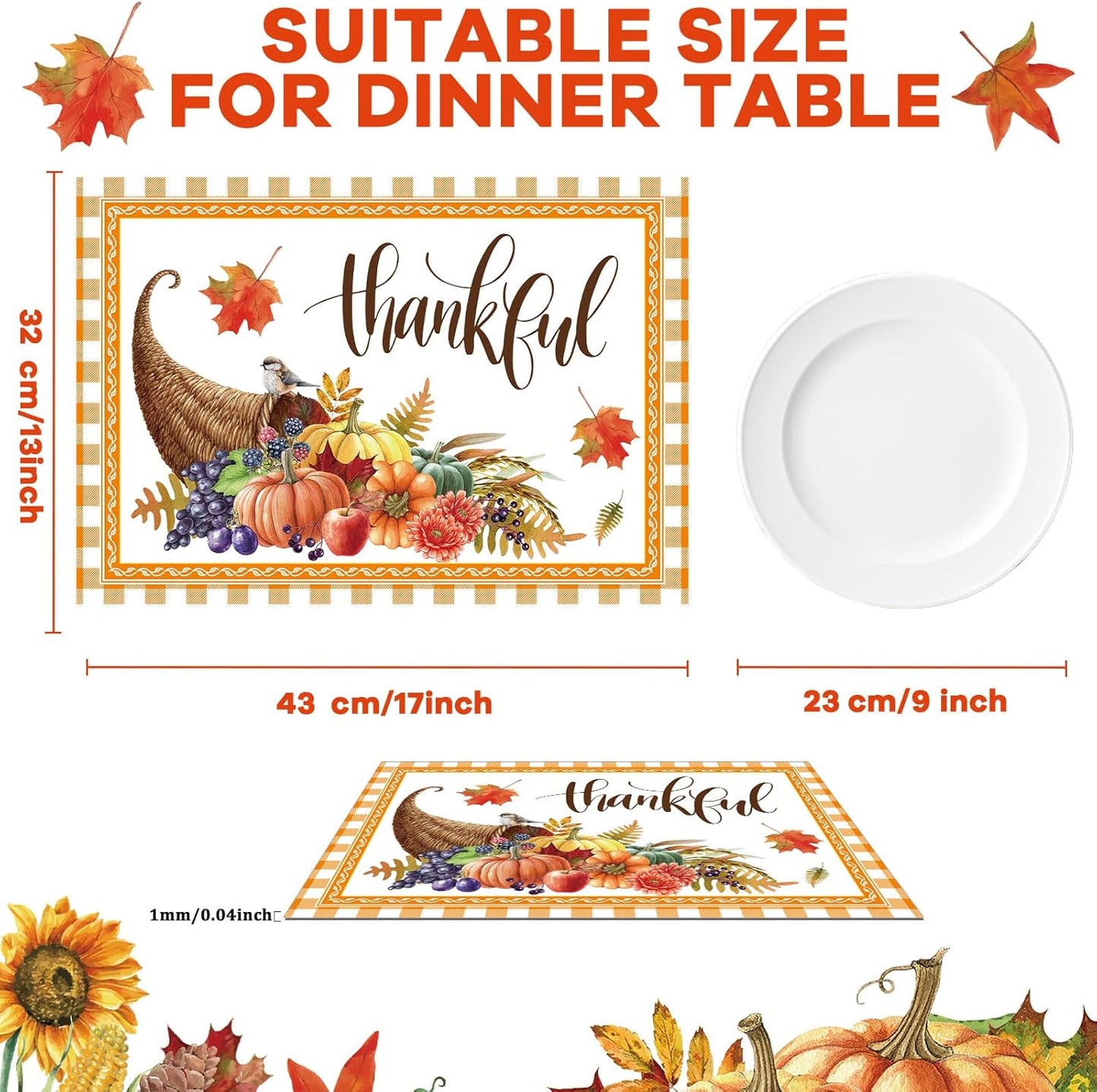 Thanksgiving Placemats Set of 6 Thanksgiving Day Plastic Table Mats Welcome Fall Place Mats Washable Vinyl Rustic Holiday Table Decoration for Indoor Outdoor Autumn Party Kitchen Dining