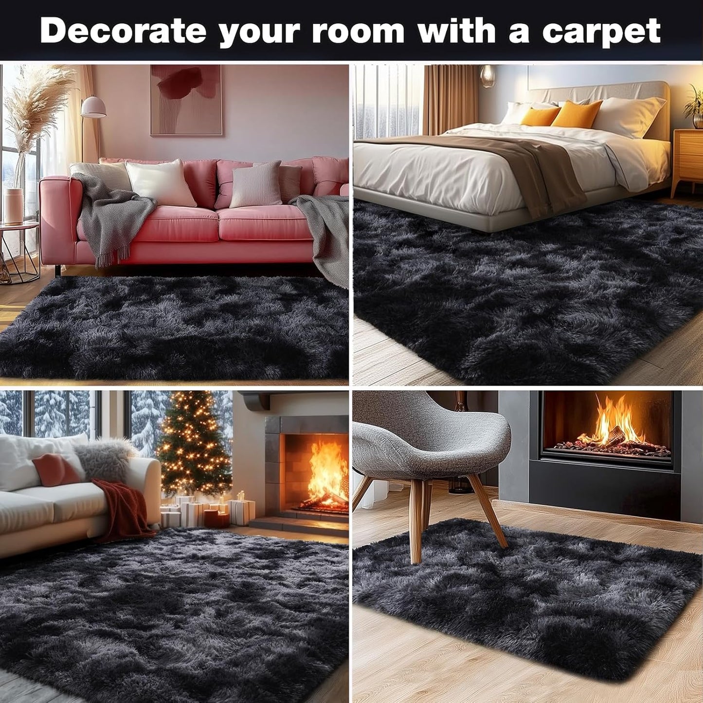 Rezutan Area Rugs 9x12 Living Room, Large Fluffy Rug for Bedroom, Soft Shag Shaggy Fuzzy Carpets for Boys and Girls Dorm Room Home Decor Aesthetic,Black Grey Tie-Dyed.