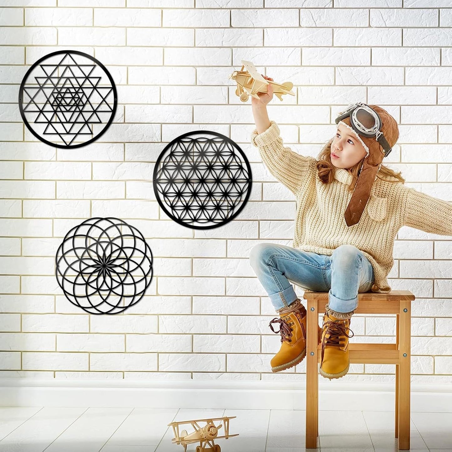 3 Pcs Metal Abstract Wall Decor, Minimalist Lines Wall Hanging Art Painting, Modern Geometric Black Wall Sculpture Suitable for Home Office, Hotel Living Room, Bedroom and other Home Decoration（Circle）