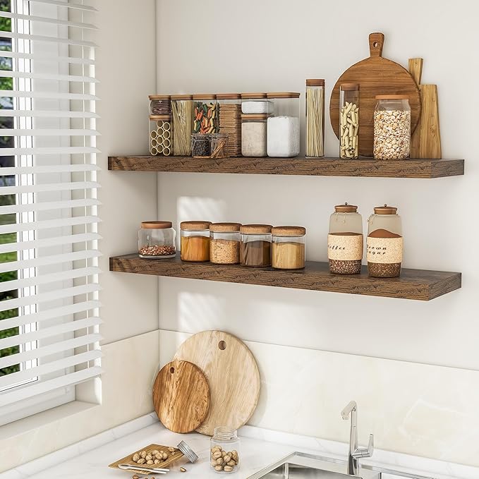 RICHFOCUS 48Inch Floating Shelves for Wall 2 Pack Shelves for Bedroom|Kitchen|Bathroom Wall Mounted Rustic Wood Floating Shelf with Invisible Brackets for Books|Storage|Decor, Rustic Brown