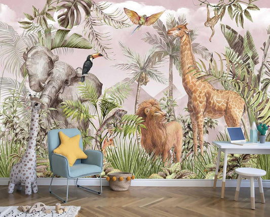 Watercolor Paintings Tropical Jungle Animals Safari Elephants Giraffes Lions Parrots Palm Leaves Hand-Painted Art Wallpaper Suitable for Children's Room Decoration Mural（Not Peel and Stick）