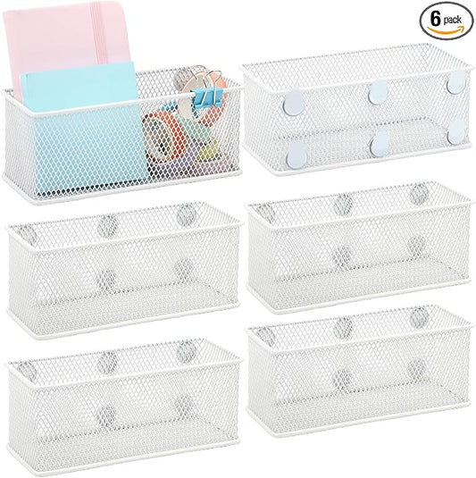 EASEPRES Magnetic Pencil Holder Set of 6 - Wire Mesh Storage Baskets Organizer with Strong Magnets - Perfect for Whiteboard, Refrigerator and Locker Accessories, White