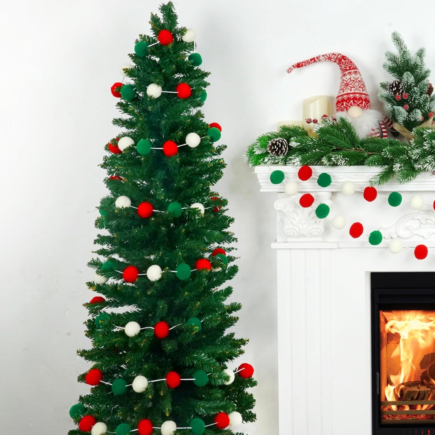XmasExp Christmas Pom Pom Garland Decorations, Large Felt Ball Garland for Mantle, Indoor Home Decor, Tree Ornaments, Kids Room and Party Hanging Decor, 1.57" 13 Ft.