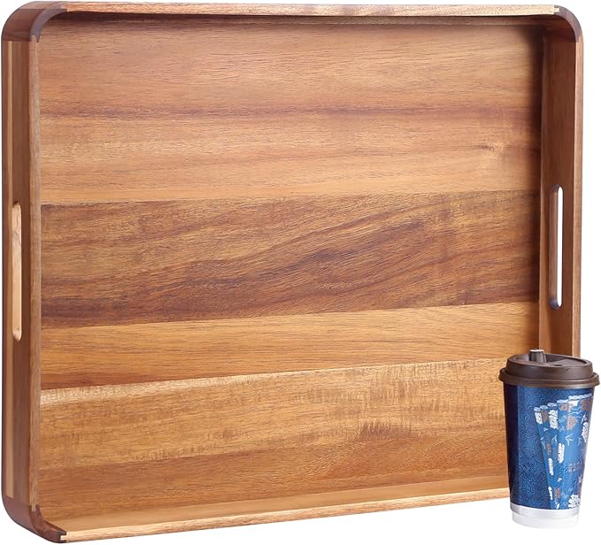 Large Wooden Ottoman Tray, Great 22"x18" Rectangle Trays for Big Ottoman Counter, Huge Kitchen Wood Serving Tray Round Corner, Living Room Coffee Table Decor Centerpiece Organizer Trays