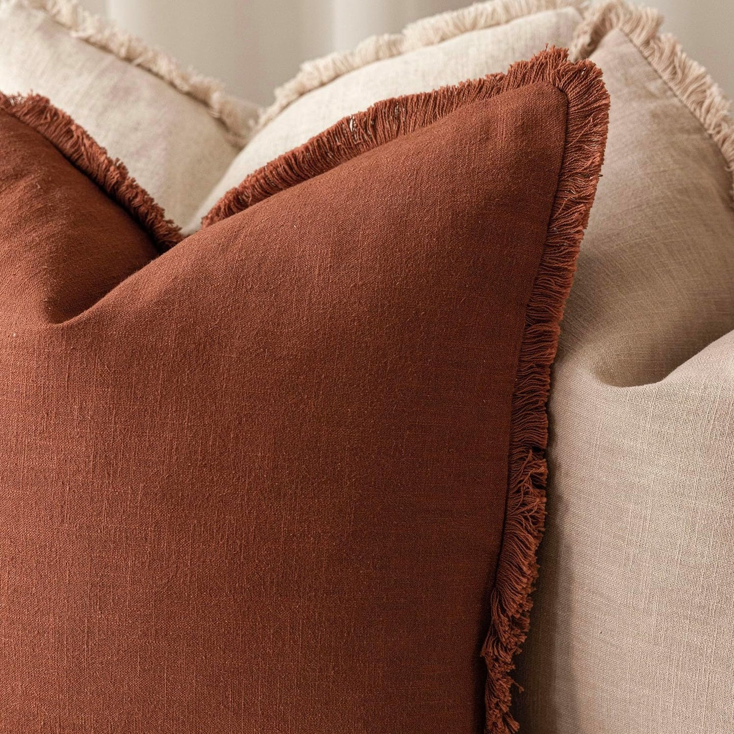 Foindtower Set of 2 Decorative Linen Fringe Throw Pillow Covers Farmhouse Cushion Cover with Tassels Soft Accent Pillowcase for Couch Chair Sofa Bed Living Room Home Decor,18×18 Inch,Fall Rust Orange