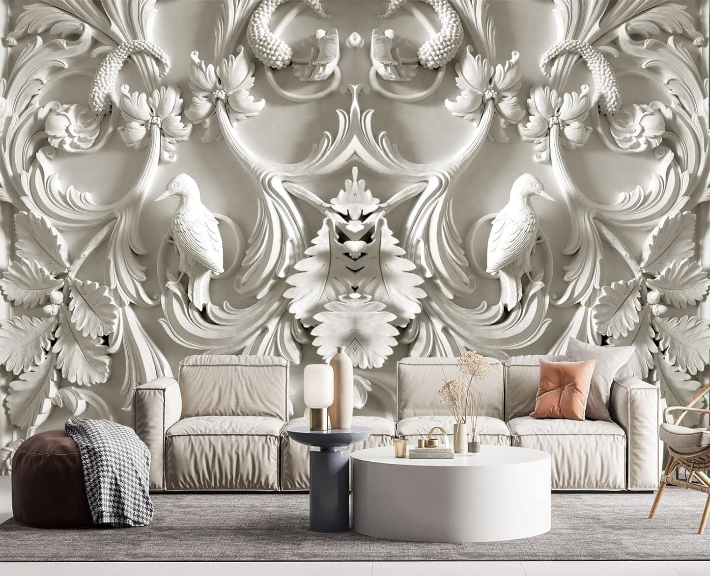 White Gypsum Art Wall Mural Wallpaper for Bedroom 137" x 100"