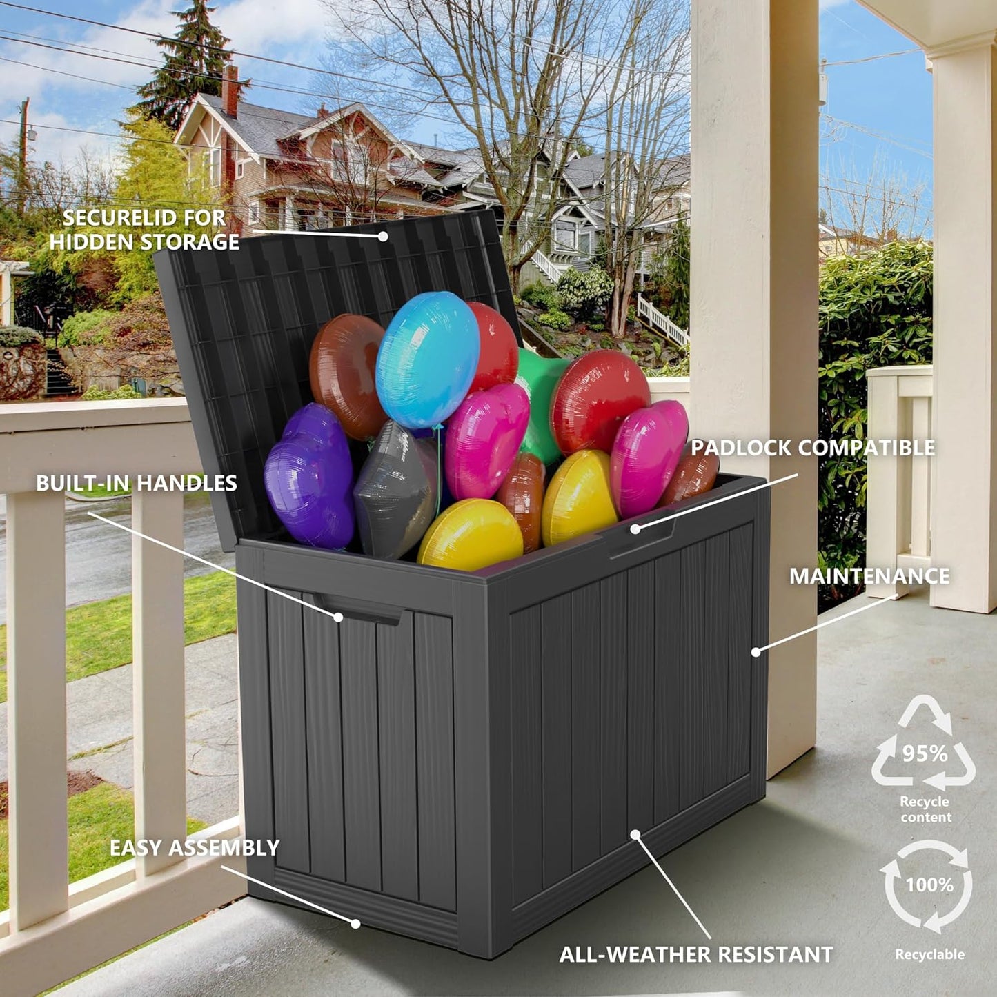 Vixzen 45 Gallon Resin Deck Box, Lockable Outdoor Storage Box for Patio Cushions Storage Furniture,Garden Tools, Pool Supplies, Weatherproof and UV Resistant
