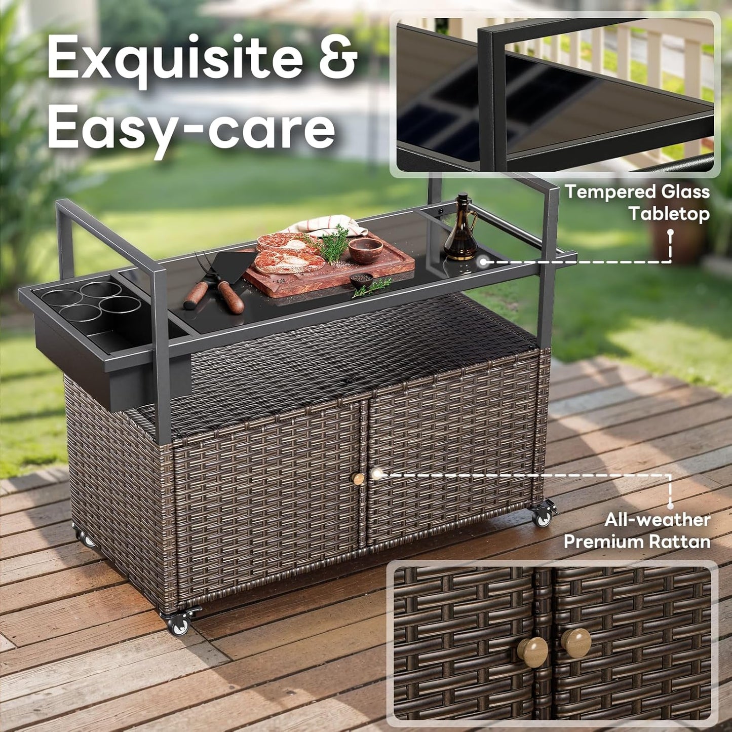Outdoor Bar Cart with Storage Cabinet, Outdoor Grill Cart with Wheels, Rattan Bar Cart with Tempered Glass Tabletop, Outdoor Buffet Cabinet Table Cart for Mini Bar, BBQ, Food Serving, Brown Wicker