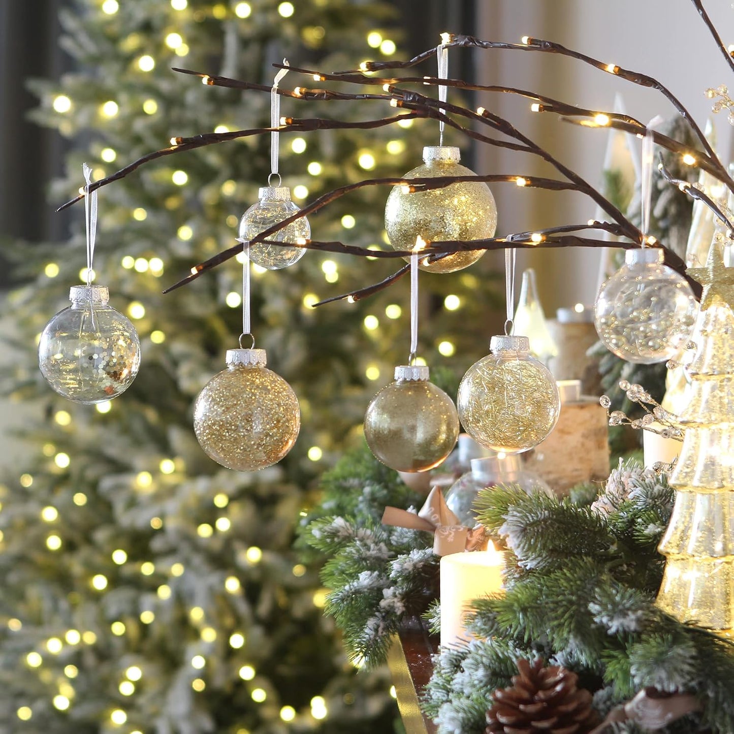 Sea Team 70mm/2.76" Shatterproof Clear Plastic Christmas Ball Ornaments Decorative Xmas Balls Baubles Set with Stuffed Delicate Decorations (24 Counts, Gold)