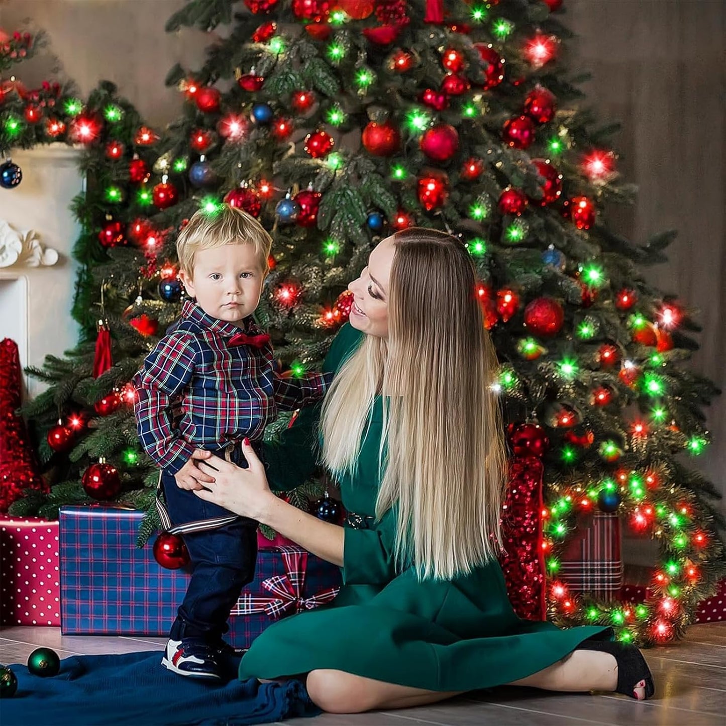 120 LED Christmas Lights Outdoor Waterproof, Red and Green String Lights for Bedroom Clear Wire, Connectablle 8 Modes Plug in Fairy String Lights for Tree Christmas Halloween Decorations