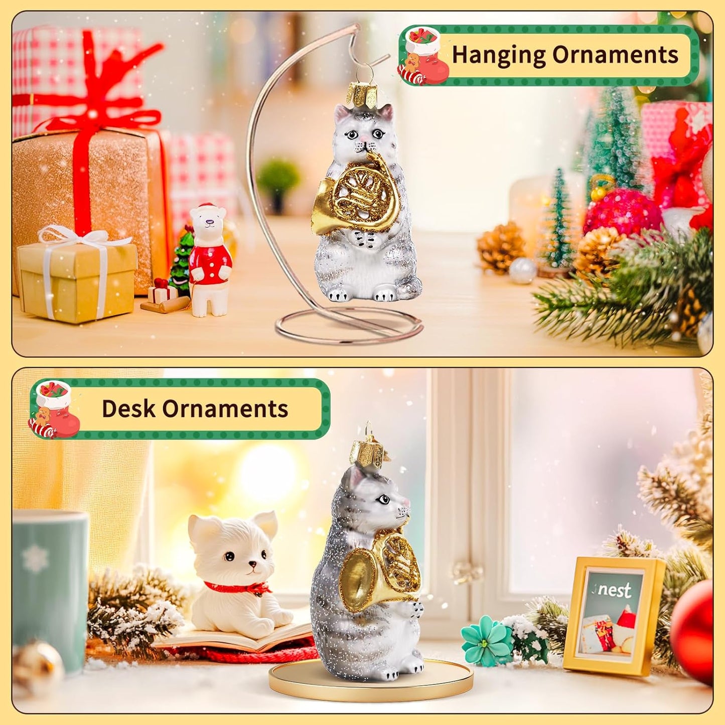 Cat Christmas Ornaments,Hand-Blown Glass Ornaments,Cat Collection Figurine Hanging Ornaments,Christmas Tree Decorations for Animal Lovers Holiday Party Home Gifts