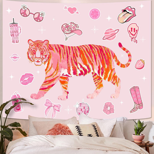 Lunerfex Y2K Tapestry Pink Tiger Wall Tapestry, Cute Tapestries for Bedroom Funny Tapestries Wall Hanging for Bedroom Living Room Decor Pink-3 44"x60"